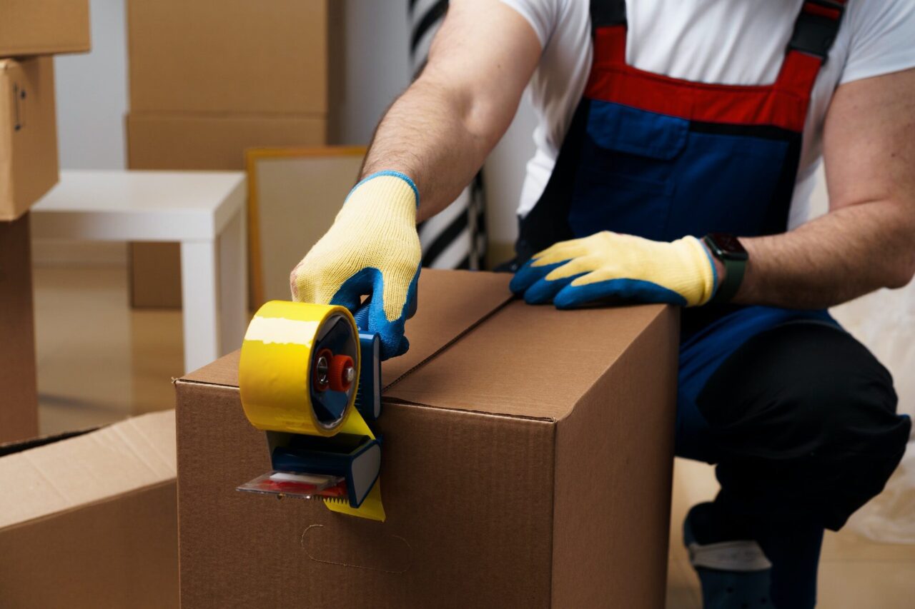 Appin Removalist 4 man mover in uniform packing boxes with scotch tape