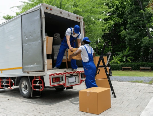 Professional movers carrying packed boxes into a moving truck