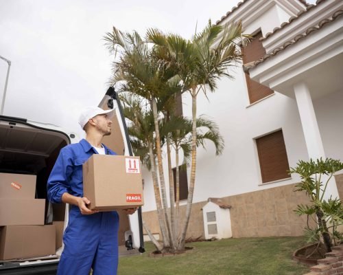 House removal service with labelled cartons ready for relocation